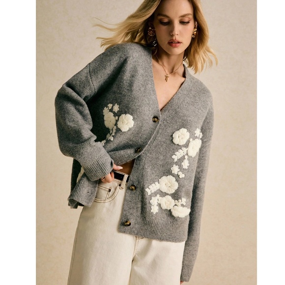 Gray Knit Oversized Cardigan White Floral Embroidery Button Down - Picture 3 of 10